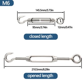 huruirui M6 Spannschloss Seilspanner Edelstahl 304 Drahtseil Spanner Spannschlösser mit Haken und Öse Verstellbare Drahtseilspanner für Sonnensegel Rankhilfe, Gartendraht, Seilsystem Spanner 4pcs