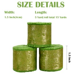 RIBBOOO 3 Rolls Grass Green Glitter Chiffon Ribbon, 1.5 Inch 15 Yards Gold Silk Frayed Ribbon for Flower Bouquet, Gift Wrapping, Wedding, Birthday Party Decor