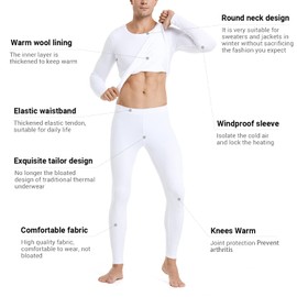 PISIQI Thermal Underwear Men Ultra-Soft Long Johns Set with Fleece Lined Base Layer Winter Skiing Warm Top & Bottom Black (White, Medium)