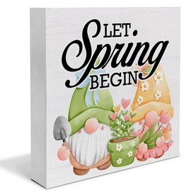 Spring Decor, Rustic Let Spring Begin Wood Sign Gnomes Decorations Tabletop Shelf Desk Home Decor, 5 X 5 Inches