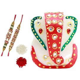 Purpldip Bhai Dooj Rakhi Set de Regalo: pequeña Estatua de mármol Ganesha, 2 rakhis, Roli Chawal en Paquete de Paan Rojo en una Elegante Caja de Regalo (rakhi68)