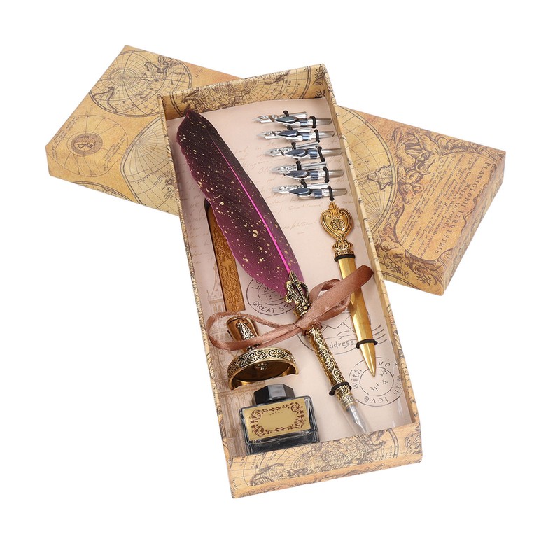 Feather Pen Set with 10 Interchangeable Nib Fire Lacquer Wax