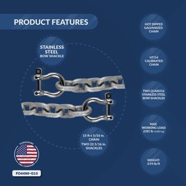 Five Oceans 5/16-Inch x 15-Foot Boat Anchor Lead Chain with Stainless Steel Shackles, High Test G4 Calibrated Galvanized Steel Chain- FO4490-G15