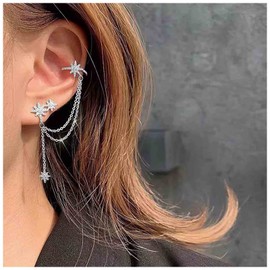 Yheakne Boho Crystal Star Cuff Chain Earrings Silver Cz Northstar Wrap Chain Earrings Rhinestone Star Cartilage Chain Earrings Cz Chain Tassel Dangle Earrings Long Chain Drop Earrings Jewelry for Women and Girls