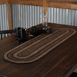 VHC Brands Farmhouse Primitive Jute Black Striped Oval Table Runner Decor 13"x48"