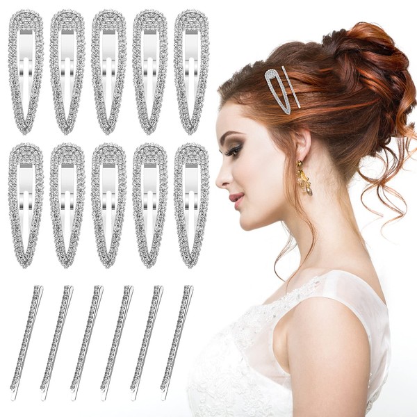 ASTER 16 Pieces Rhinestone Snap Hairpin for Women and Girl, Crystal Snap Hair Barrettes, Wedding Rhinestone Hair Clips, Water Drop Hairpins One-word Hairpin Headwear Hair Accessories