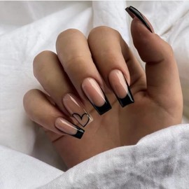 Valentines Press on Nails French Tip Fake Nails Coffin False Nails with Black Tip Heart Designs Nude Glue on Nails Heart Stick on Nails Cute Acrylic Nails Full Cover Glossy Artificial Nails