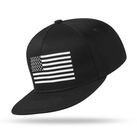 Baseball Cap Snapback Hat for Men & Women with American Flag Patch and Adjustable Head Strap Band, Flat Bill Hats Black/White