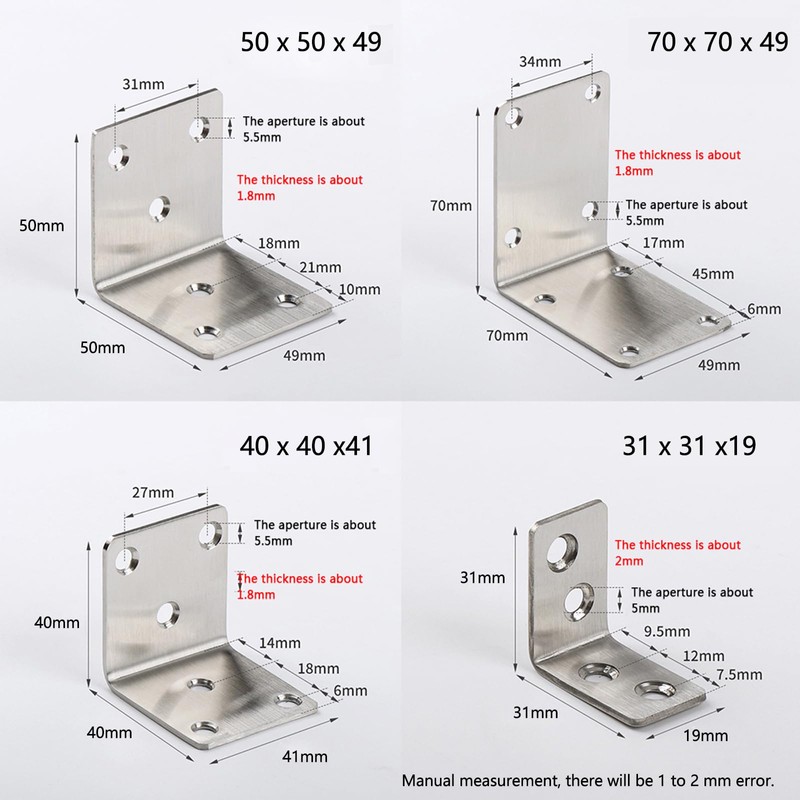 4 Pcs Corner Brackets, 70mm x 70mm x 49mm Stainless