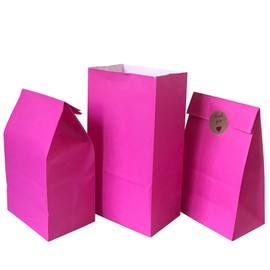 Party Favor Bag 50 pcs Food Safe Paper and Ink, Natural (Biodegradable), Vivid Colored Self-Stand Buffet Bags, Bottom Square Paper Treat Bag. with 60 pcs Stickers 1.5 inch. (Hot Pink)…