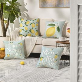 AVOIN colorlife Summer Home Sweet Home Lemon Floral Throw Pillow Covers, 18 x 18 Inch Bless This Home Holiday Seasonal Cushion Case Decorations Set of 4