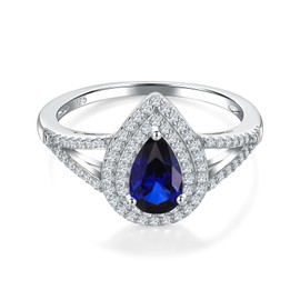 RANDES Sapphrie Rings for Women Pear Shaped Engagement Ring 925 Sterling Silver Blue September Birthstone Ring Size 8
