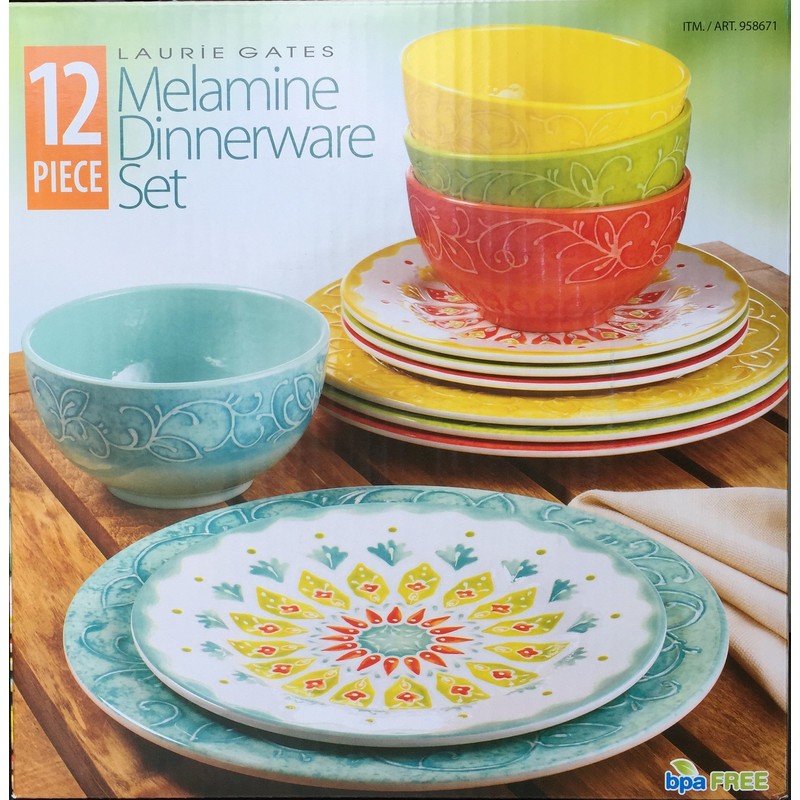 Laurie Gates - 12 Piece Melamine Dinnerware Set (Yellow &