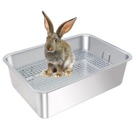 HUQIZOO Large Rabbit Litter Box, Stainless Steel Bunny Litter Pan, Toilet Tray for Small Animals,High Back Wall,Deep Waste Storage