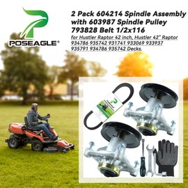 POSEAGLE 2 Pack 604214 Spindle Assembly with 603987 Spindle Pulley 793828 Belt 1/2x116 for Hustler Raptor 42 inch, Hustler 42" Raptor 934786 935742 931741 933069 933937 935791 934786 935742 Decks