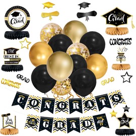 Gold Graduation Party Decorations - Balloons Graduation Decor Supplies with Table Scatter Centerpieces and Congrats Grad Banners for College Girls and School (Black + Gold)