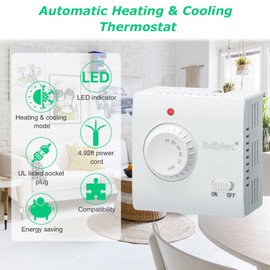 Adjustable Thermostat, Briidea Plug in Heating & Cooling Thermostat with LED Indicator, Compatible with Space Heater, Window Air Conditioners, Fans, Ideal for Household, Reptile, Greenhouse