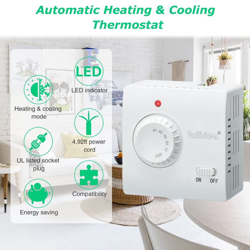 Adjustable Thermostat, Briidea Plug in Heating & Cooling Thermostat with