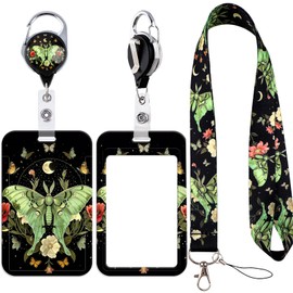Moon Moth Lanyard with ID Badge Holder Retractable Reel Clip, Vertical ID Card Protector & Badge Reel with Belt Clip Gothic Style
