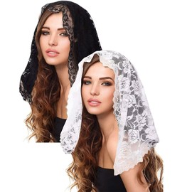 RUNRAYAY Short Catholic Chapel Veil, Traditional Floral Lace Mantilla Veils for Church Latin Mass Head Covering White Black Veils for Bridal Women, Style 4, Pack of 2