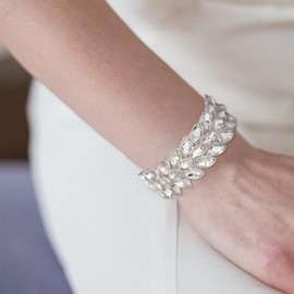 EVER FAITH Rhinestone Art Deco Wrist Jewelry for Prom 3 Marquise Crystal Leaf Elastic Stretch Bracelet Clear Silver-Tone