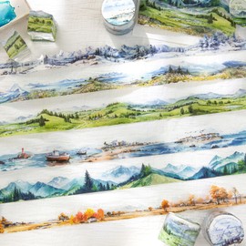 Alideco 6pcs Decorative Adhesive Tapes Vintage Watercolor Forest Sea Collage PET Tape Great for Bullet Journal Supplies, Arts, Scrapbook, DIY Crafts, Planners (xiangshanhaizouqu)