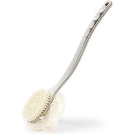 cepillo para polvo para el cuerpo de la ducha con cerdas y lufa, esponja de malla para la espalda con mango largo curvado para baño exfoliante de la piel, cerdas de masaje, adecuado para mojado o seco, hombres y mujeres, A-gris