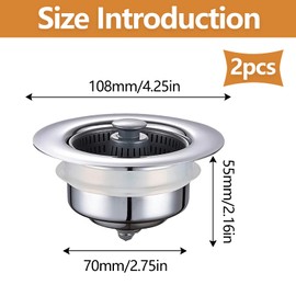 Pack of 2 Kitchen Sink Drain Strainer, 3-in-1 Pop-Up Stainless Steel Drain Plug with Anti-Clogging Basket, Universal Sink Plug for Sinks for Food Leftovers