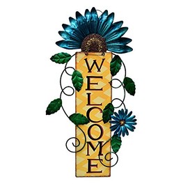 E-view Metal Welcome Sign Rustic Wall Hanging Plaque - Decorative Welcome Flower Signs for Porch Front Door Farmhouse Home Decoration Garden Themed Wreath Ornament (Blue)