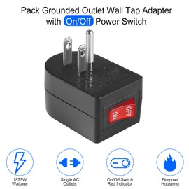VSEER Grounded Outlet with ON Off Switch (2 Pack), Single Power Adapter Outlet Switch 15A 1875W/3 Prong Plug Switch in Black, ETL Listed