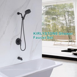 KIRLYSTONE Tub Shower Faucet Combo, Matte Black Shower System 10 Patterns Handheld Shower Head with Tub Spout, Shower Trim Kit with Shower Head & Brass Valve