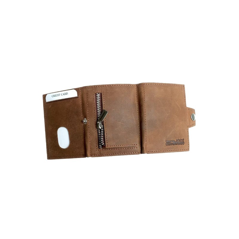 Slim Wallet Deluxe, Brown buffalo leather with zip pocket, rfid