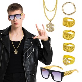 SAIIURV 7 Pcs Hip Hop Costume Accessories, Gold Chain Fancy Dress for Rapper, 80s 90s Accessories, Sunglasses Dollar Sign Chain Ring for Rapper Accessories Role Play Carnival Party (Gold)