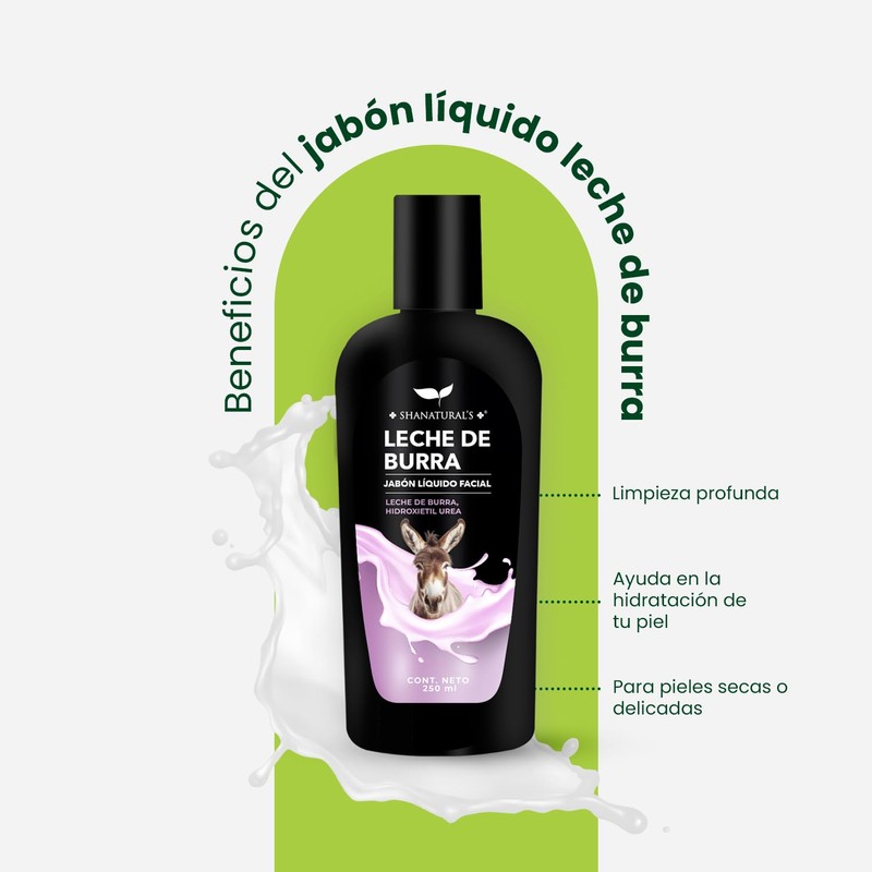 Shanatural's Jabón Líquido Facial Leche de Burra, Hidratación Intensa, Limpieza