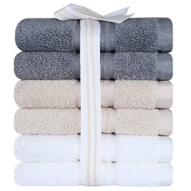 QCS Towels - Face Cloths - 33 x 33 cm - 100% Zero Twist Cotton - Lightweight and Highly Absorbent Quick Drying Washcloths for Gym, Hotel, and Spa - Flannel (Grey, Beige, White, 6)