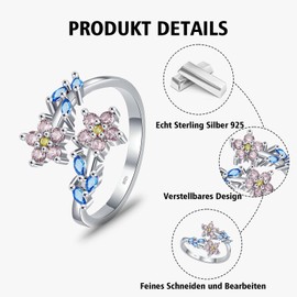 HEEYA Ring Sterling Silver 925 Rings for Women Flower Branch Ring with 5A Colourful Cubic Zirconia Open Adjustable Finger Ring Hypoallergenic Thumb Rings Unisex Jewellery with Gift Box