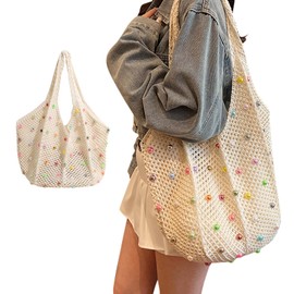 MLPKOI Women's Summer Boho Beach Bag with Colourful Beads, Woven Bag, Handbag, Crochet Bag, Crochet Bag, Beach Bag, Knitted Beach Bag, Mesh Beach Bag, Summer Bag