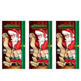 Beistle Santa Restroom Door Covers, 5’ x 30”, 3 Pieces – Festive Funny Winter Decor – Easily Display – Jolly Santa Bathroom Accessories - for Christmas Parties & Holiday Decorations