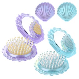 2pcs Metallic Shinning Finish Shell Shape Folding Travel Hair Brush Compact Brush with Mirror,Mini Hair Brush Portable Cute Pocket Hair Brush Massage Comb for Women (Purple + Blue)