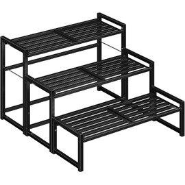 Ekisemio - Soporte para plantas de metal de 3 niveles, resistente al agua, para interiores y exteriores, soporte para macetas alto y estante de exhibición para jardín, color negro