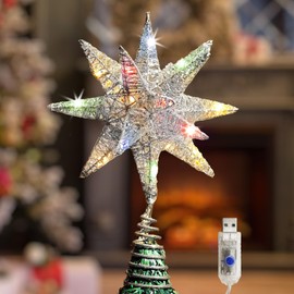 Christmas Tree Topper Star with Colorful 50 LED Lights, Star Tree Topper for Christmas Tree Tradition Moravian Decor, 11X 7.87 Inch with 5m Long Line, Estrella para Arbol De Navidad, Silver