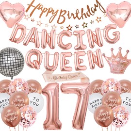 17th Birthday Decoration Dancing Queen - 42 Pieces Birthday Decoration Rose Gold for Girls with Happy Birthday Banner, Star Garland Disco Foil Balloons Sash for Dancing Queen