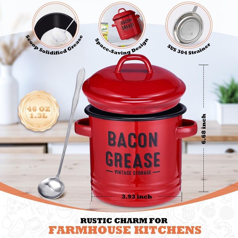 ONEARF Bacon Grease Container with Strainer - Large 46OZ Red