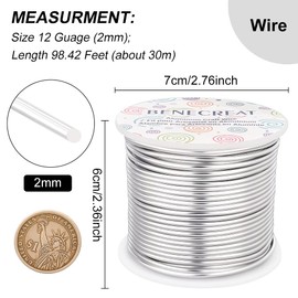 Benecreat Colored Aluminum Wire, Artistic Wire, Diameter 0.08 inch (2 mm), Total Length: Approx. 98.8 ft (30 m), Crafts, Beads, Auxiliary Material, Silver