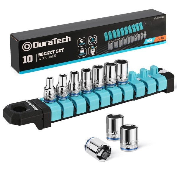 DURATECH 1/4" Drive Socket Set, Metric Socket Set 10PCS, Mechanic Metric Socket Sets with Storage Rack, 6-Point Shallow Socket Set, 4mm, 5mm, 6mm, 7mm, 8mm, 9mm, 10mm, 11mm, 12mm, 13mm