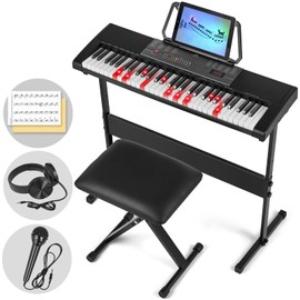 MUSTAR Piano Keyboard with Lighted Up Keys, Learning Keyboard Piano 61 Keys for Beginners, MEKS-700 Electric Piano Keyboard with Bench, Stand, Headphones, Microphone, Note Stickers, Built-in Speakers