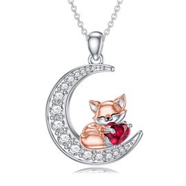 LONAGO Fox Moon Pendant Necklace Ruby Birthstone Fox Necklace Jewelry Gift for Women (July)