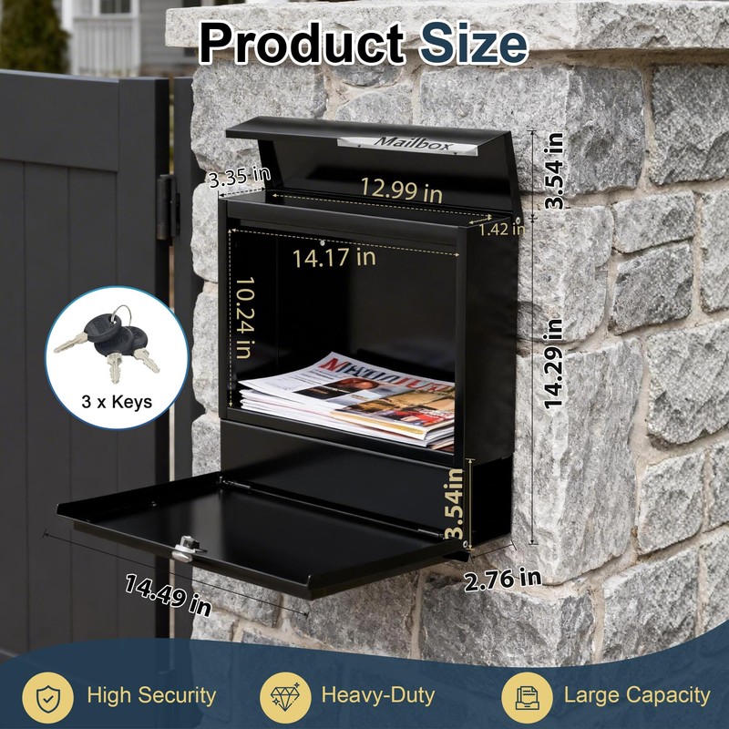Modern Black Mailbox Wall Mount for Outside, Large Locking Security