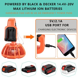 YEX-BUR Handheld Fan for Black and Decker 20v Battery, Cordless Fan with Remote, 3 Speeds, 3 Mode Adjustable LED Light, USB-A Charging Port for Outdoor Camping Garage Emergency