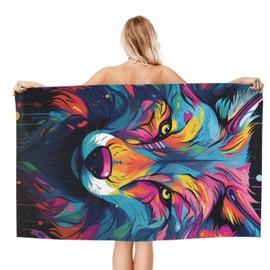 Beach Towel Colorful Wolf Theme Sand-Free Microfiber Towel Gifts Ultra Soft Quick Large Size Dry Pool Towel Absorbent Towel Lightweight Towel for Adults Kids Outdoor Bathroom Swimming 52x32 Inches